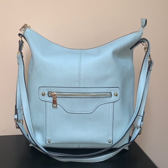 Convertible Oversized Vegan Leather Light Blue Hobo Bag - Picture 8 of 13